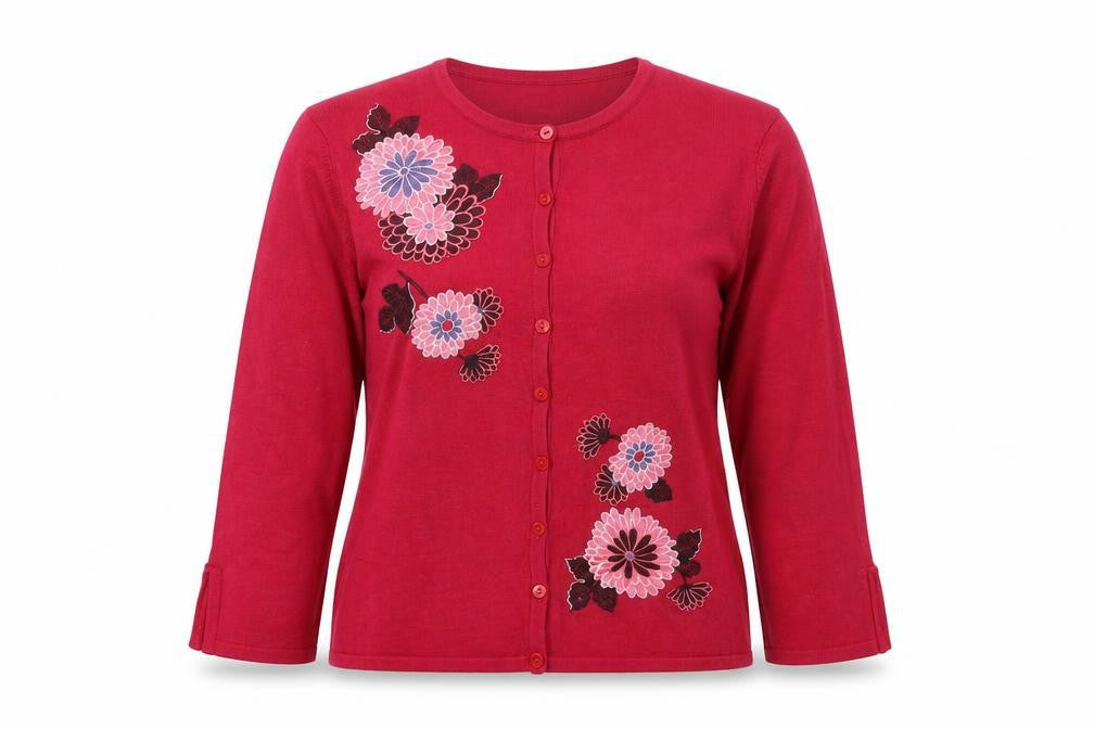 Country Casuals Womens Red Floral Embroidered Knit Cardigan S