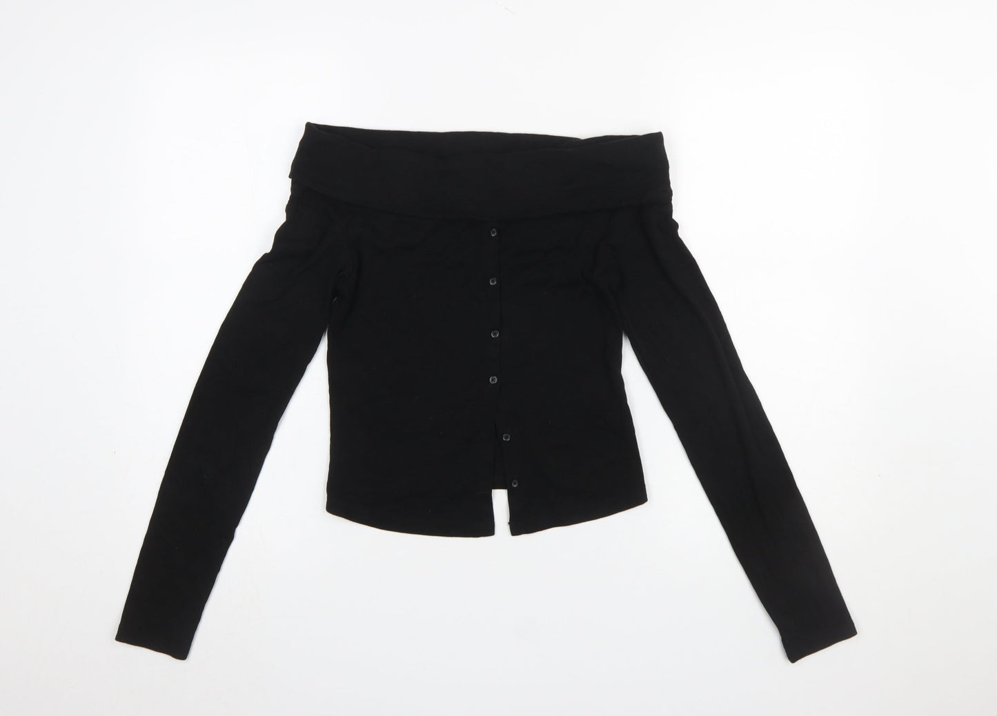 Bershka Women Black Off the Shoulder Long Sleeve Button-Up Top