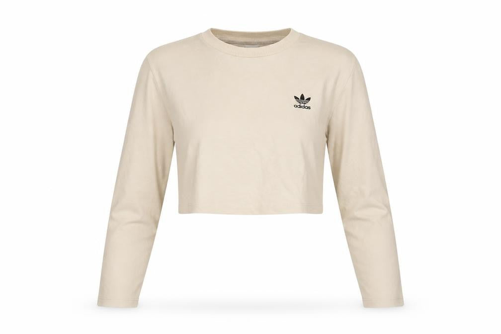 Front view of Adidas Women's Beige Cropped Long Sleeve Slim Fit T-Shirt, size 8