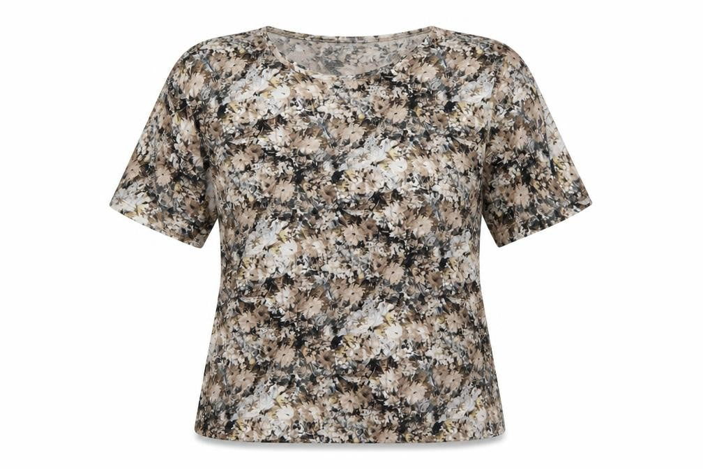 R Collection Womens Beige Floral Short Sleeve T-Shirt XL