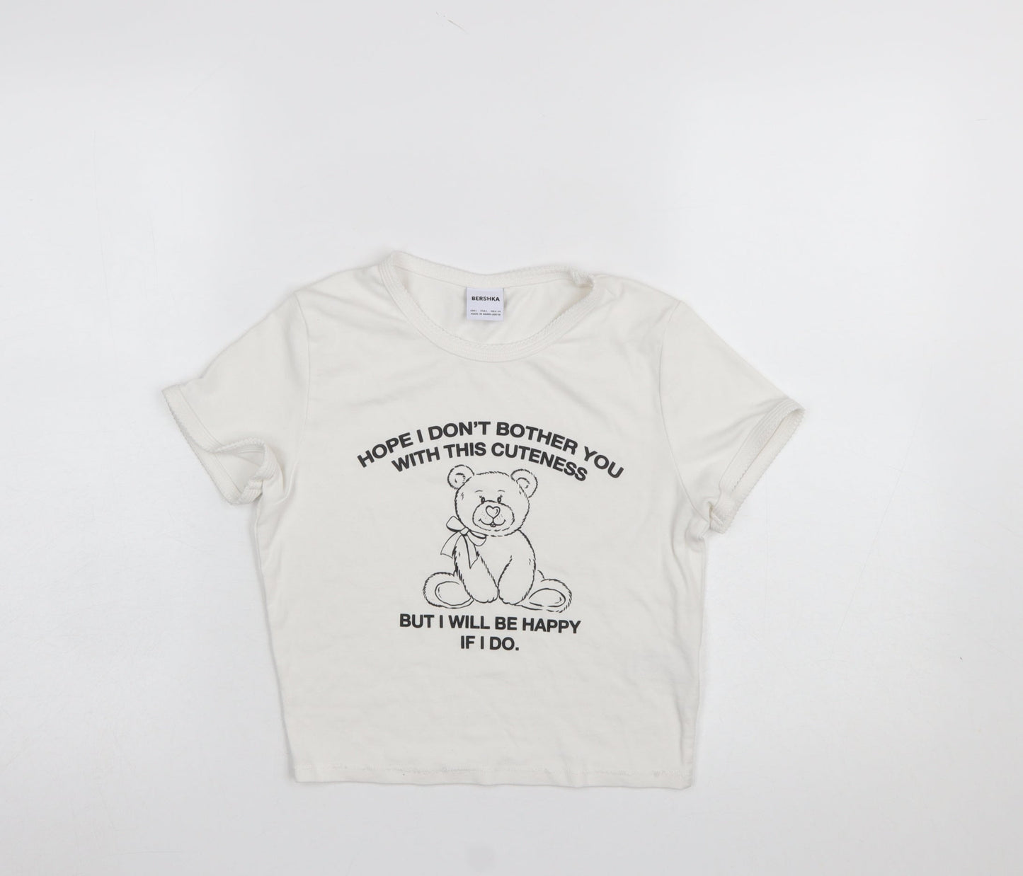 Bershka Girls Ivory Cropped Bear Graphic Modal Cotton T-Shirt L