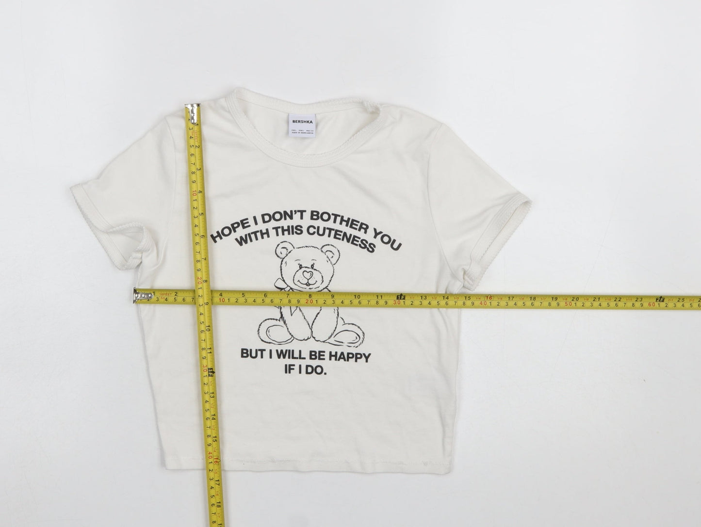 Bershka Girls Ivory Cropped Bear Graphic Modal Cotton T-Shirt L