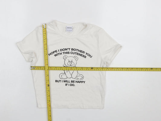 Bershka Girls Ivory Cropped Bear Graphic Modal Cotton T-Shirt L