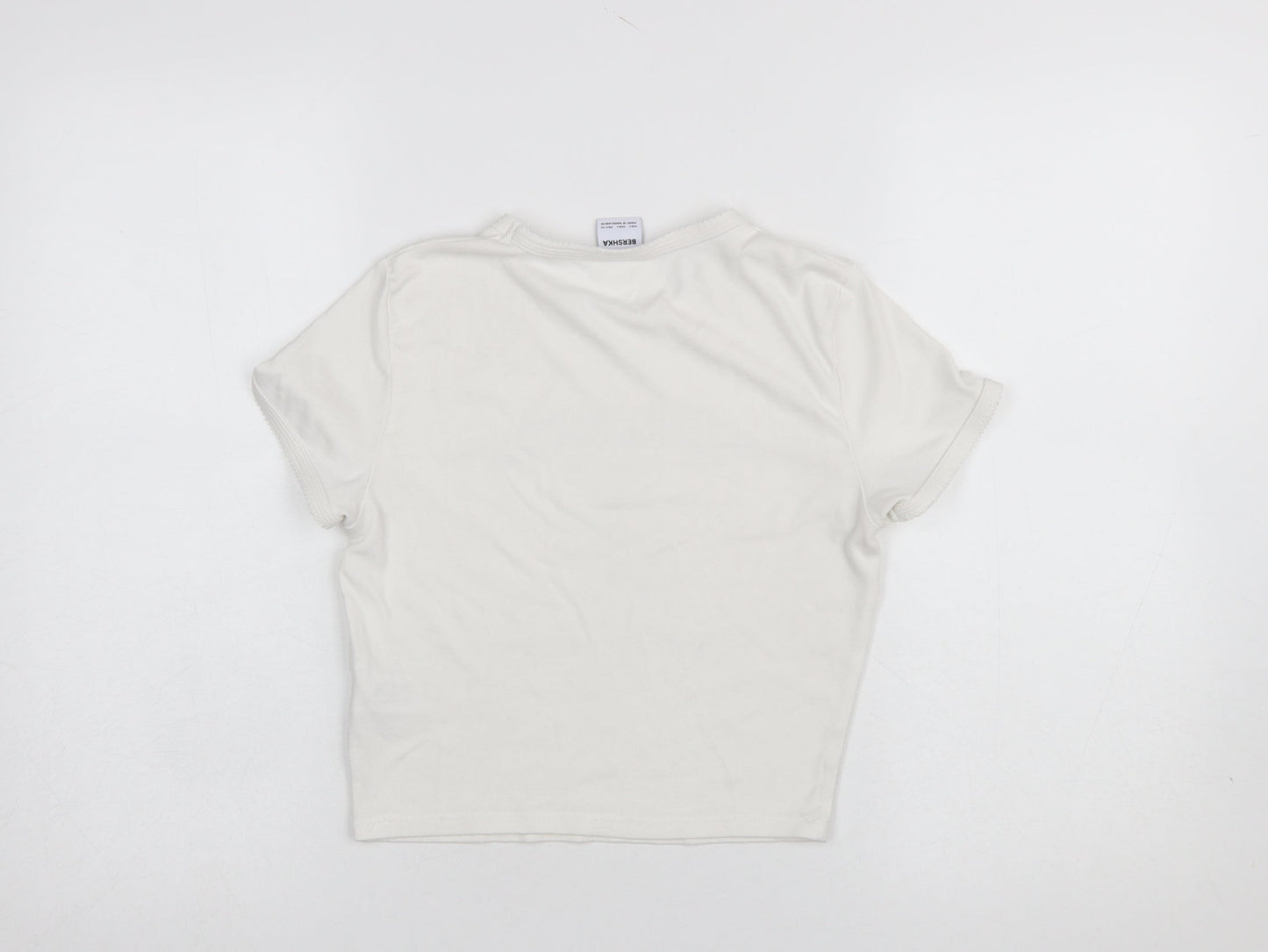 Bershka Girls Ivory Cropped Bear Graphic Modal Cotton T-Shirt L