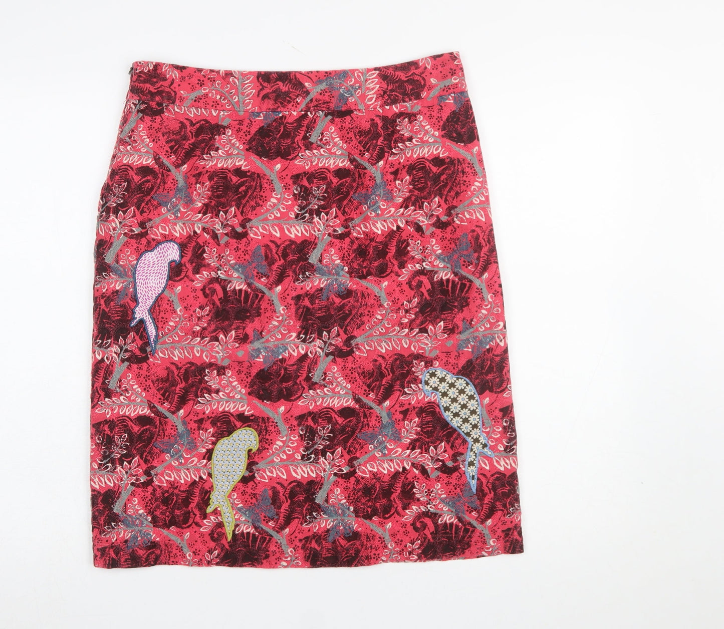 White Stuff Womens Red Cotton Embroidered Parrot Knee Length Skirt Size 10