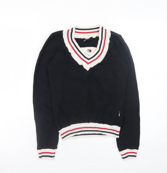 Tommy Hilfiger Womens Black V-Neck Knit Jumper Size M Cotton Retro Style