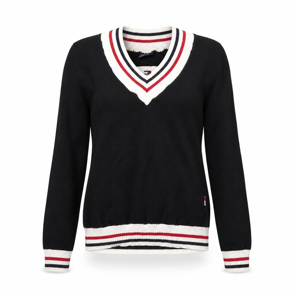Tommy Hilfiger Womens Black V-Neck Knit Jumper Size M Cotton Retro Style