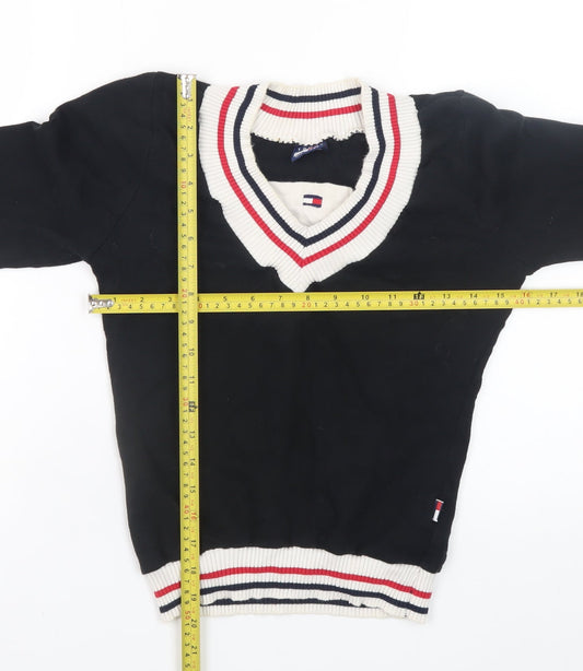 Tommy Hilfiger Womens Black V-Neck Knit Jumper Size M Cotton Retro Style