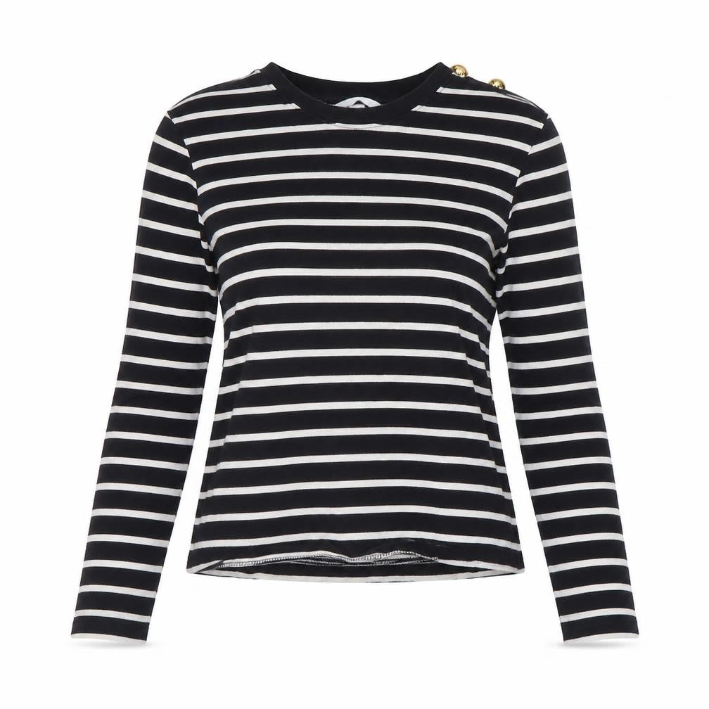 H&M Women Black White Striped Long Sleeve Cotton Boat Neck Top Size S