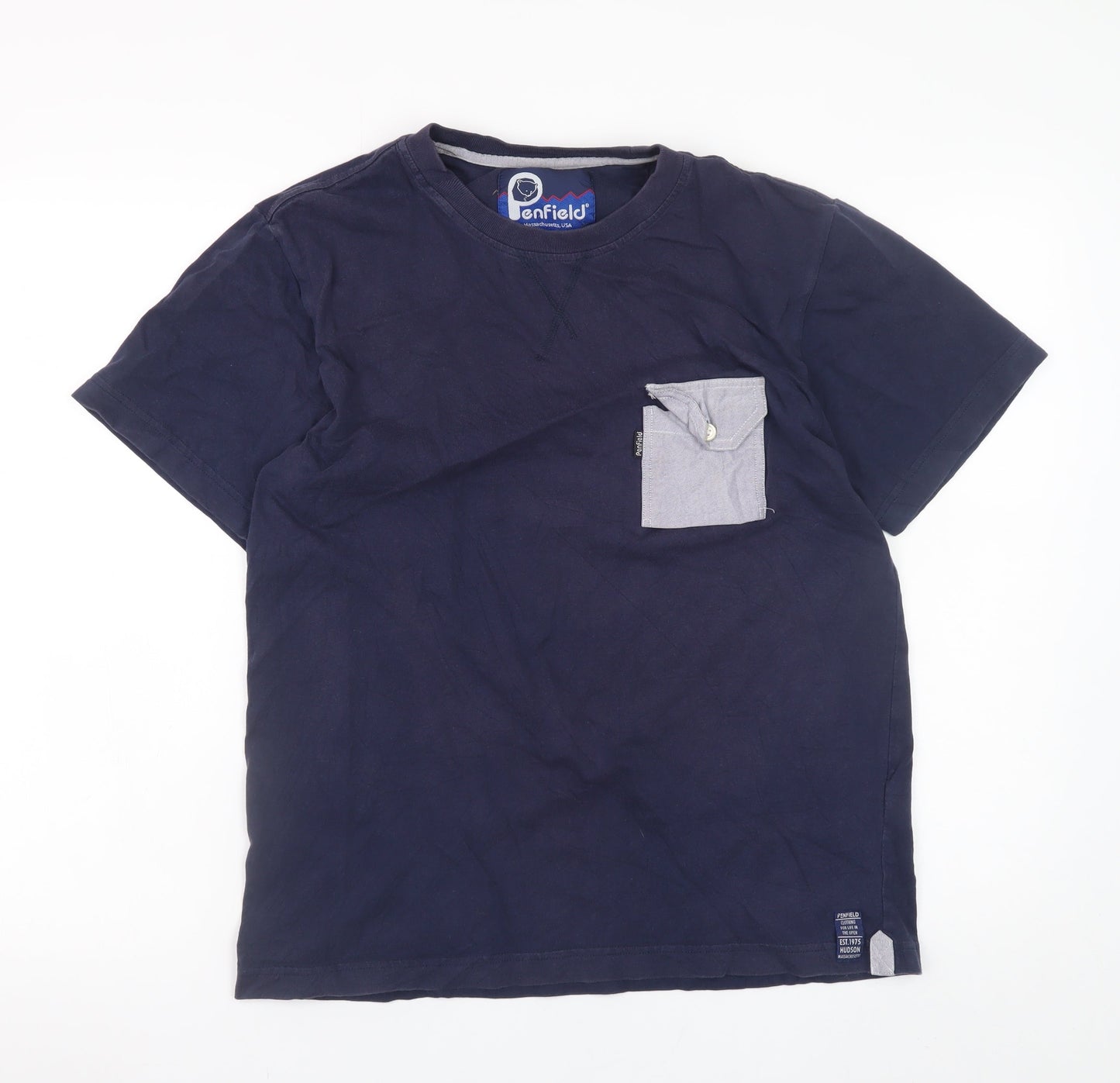 Penfield Men's Blue Cotton Crew Neck Colourblock Pocket T-Shirt M