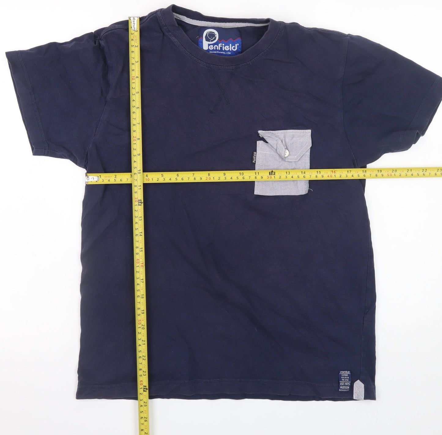Penfield Men's Blue Cotton Crew Neck Colourblock Pocket T-Shirt M