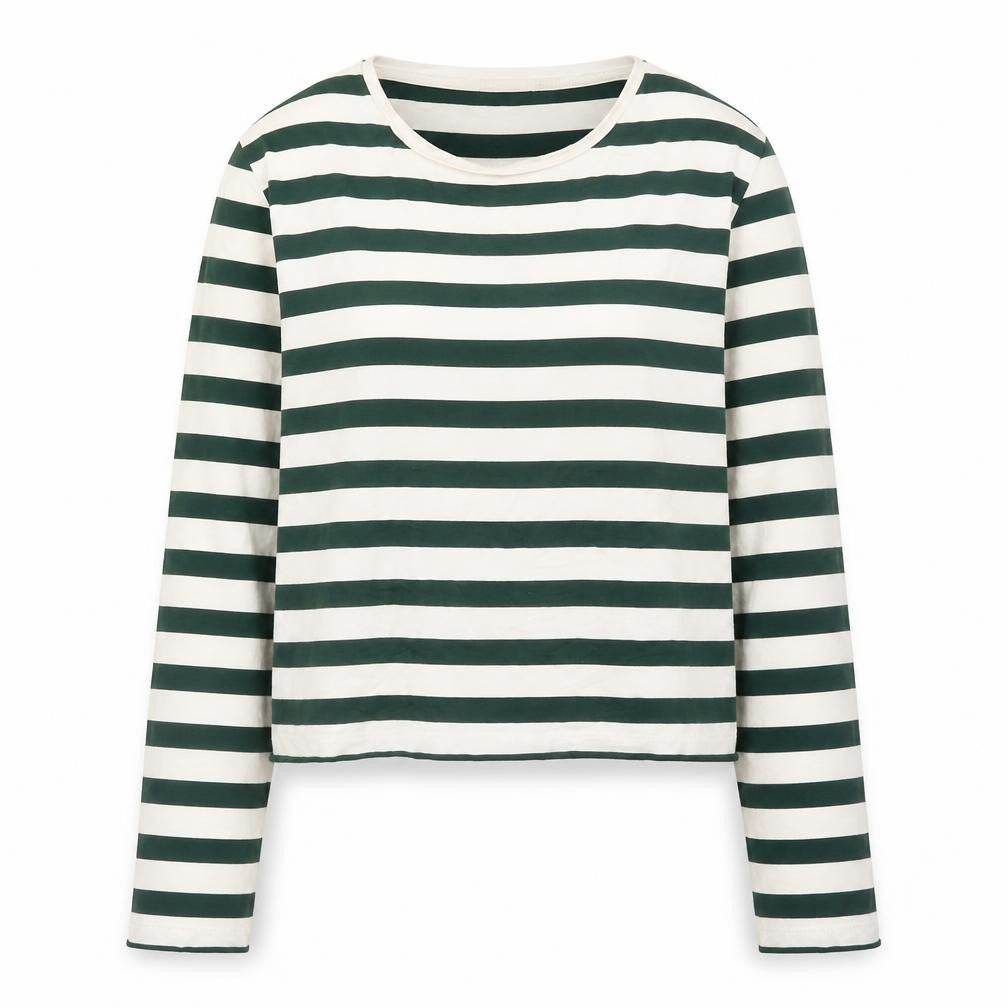 Stradivarius Women's Green White Striped Cropped Long Sleeve T-Shirt Size S