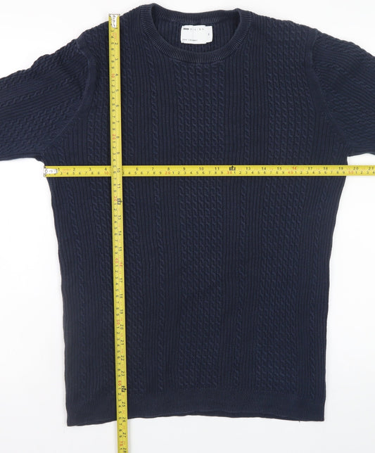ASOS DESIGN Men’s Blue Cotton Cable-Knit Crew Neck Jumper M
