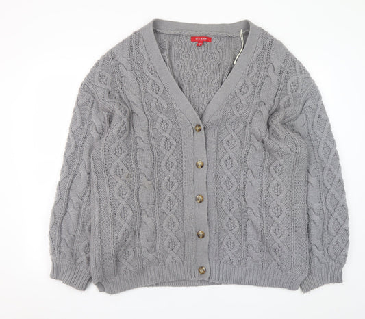 Guess Womens Grey Wool Blend Cable Knit V-Neck Cardigan Size 16
