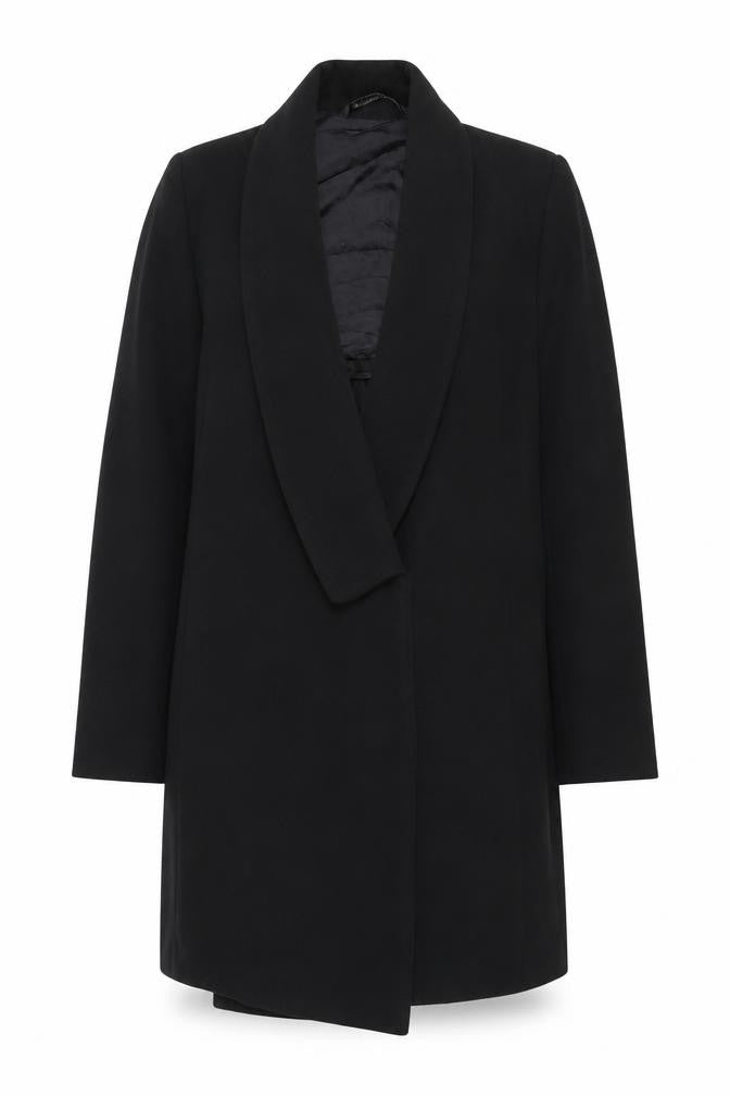 Front view of Zara Woman Black Long Overcoat, size 12, Elegant Lined Coat
