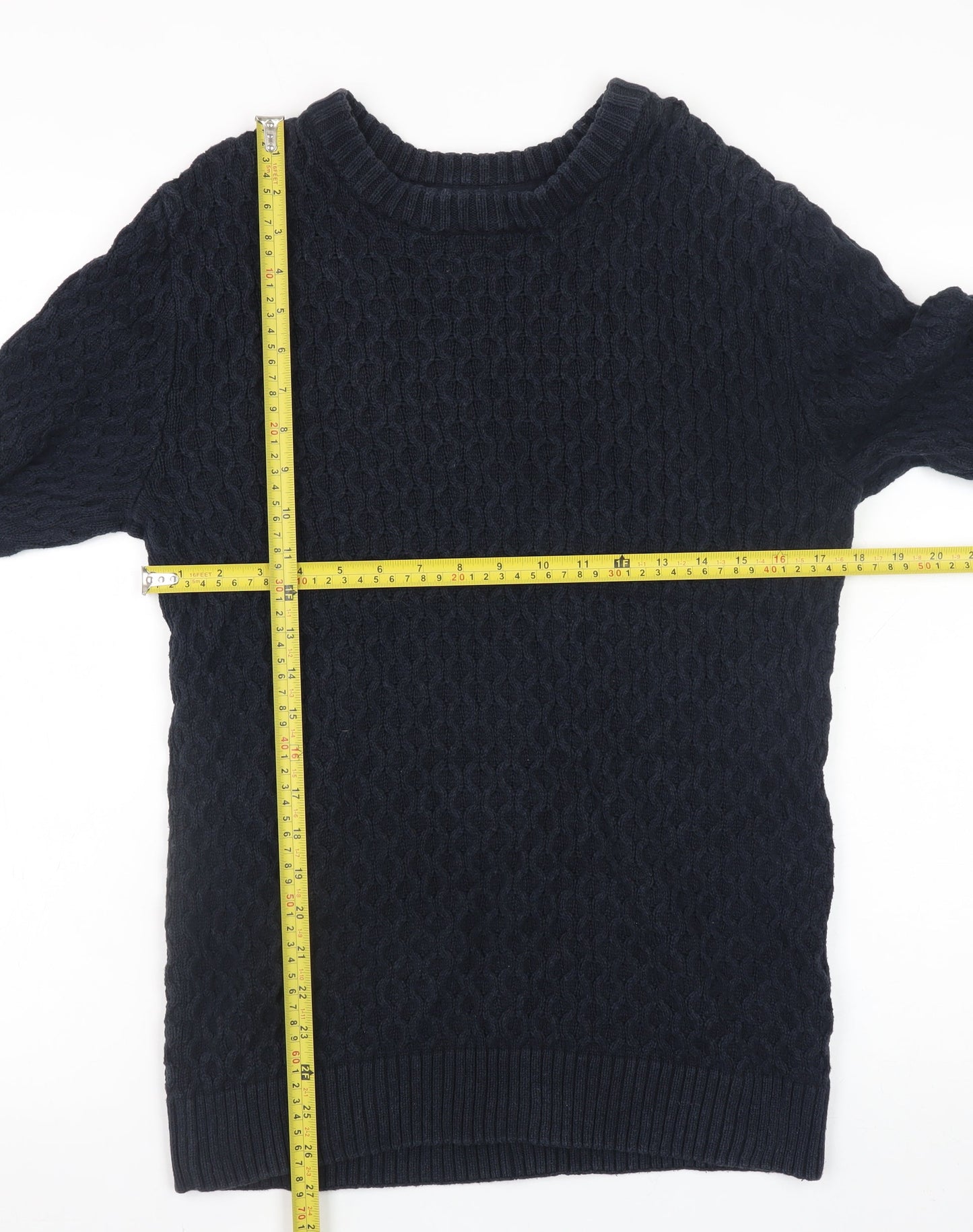 H&M L.O.G.G Women Navy Blue Cotton Cable-Knit Jumper Size 10