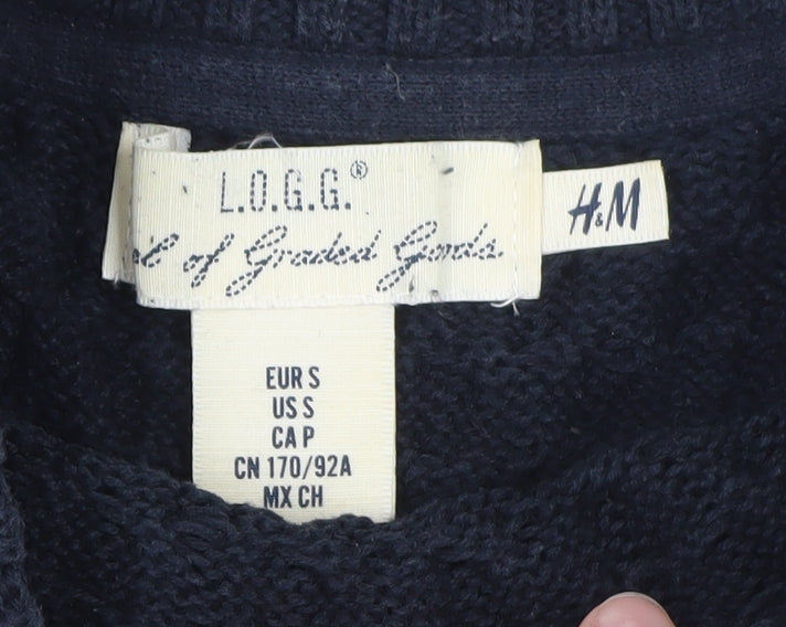 H&M L.O.G.G Women Navy Blue Cotton Cable-Knit Jumper Size 10