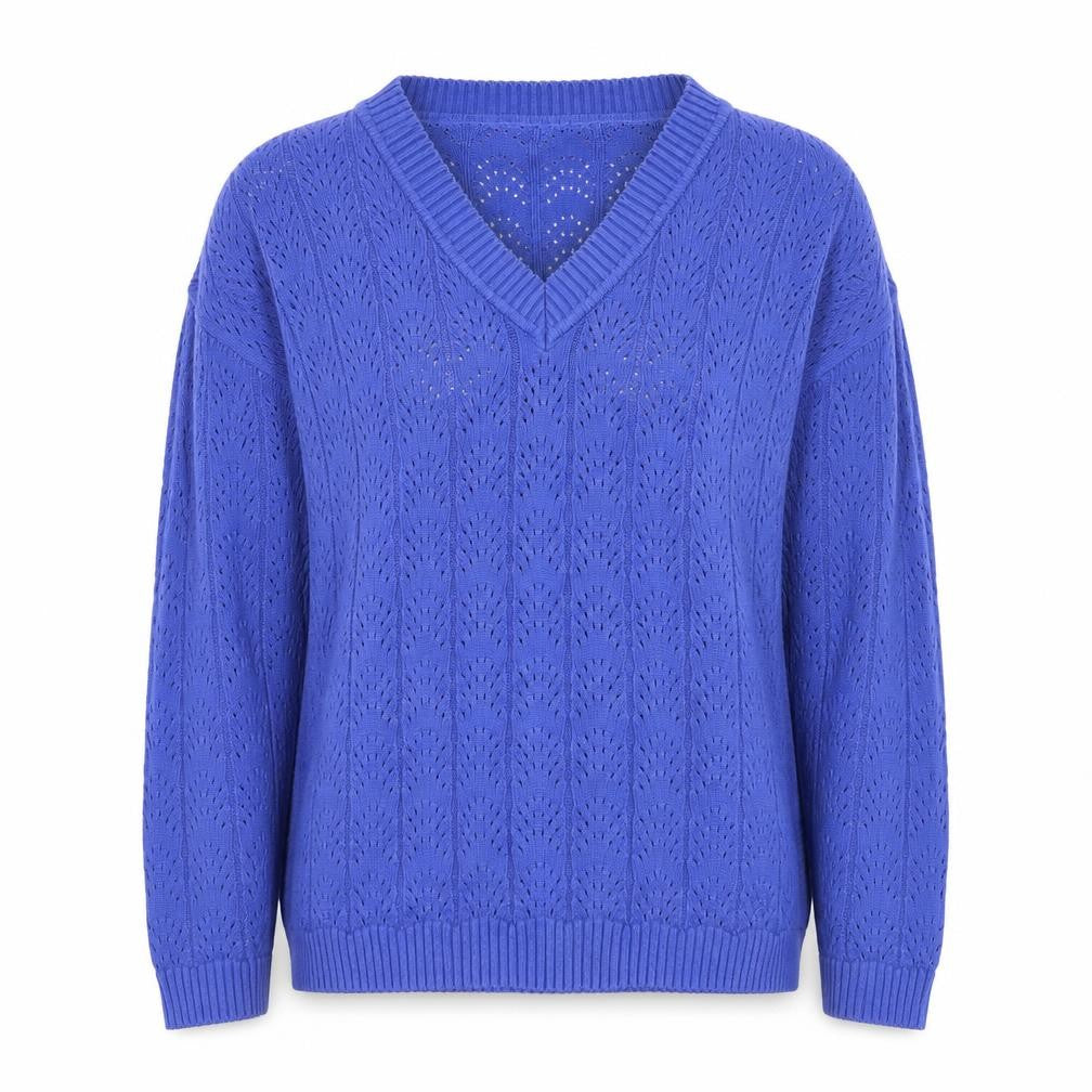 Clothing Company Women's Blue V-Neck Open-Knit Jumper Size M