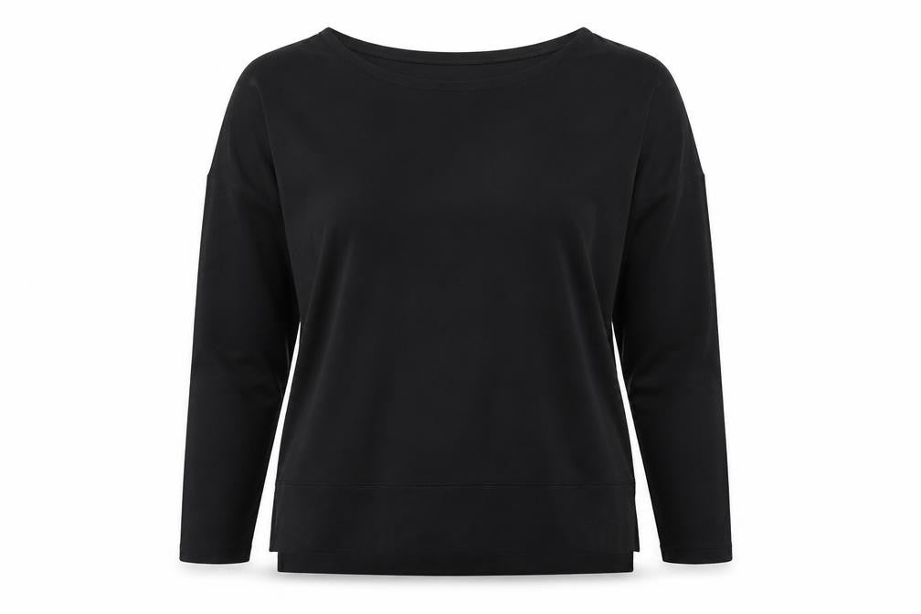 Front view of Jaeger women’s black long sleeve basic crew neck jersey top xs
