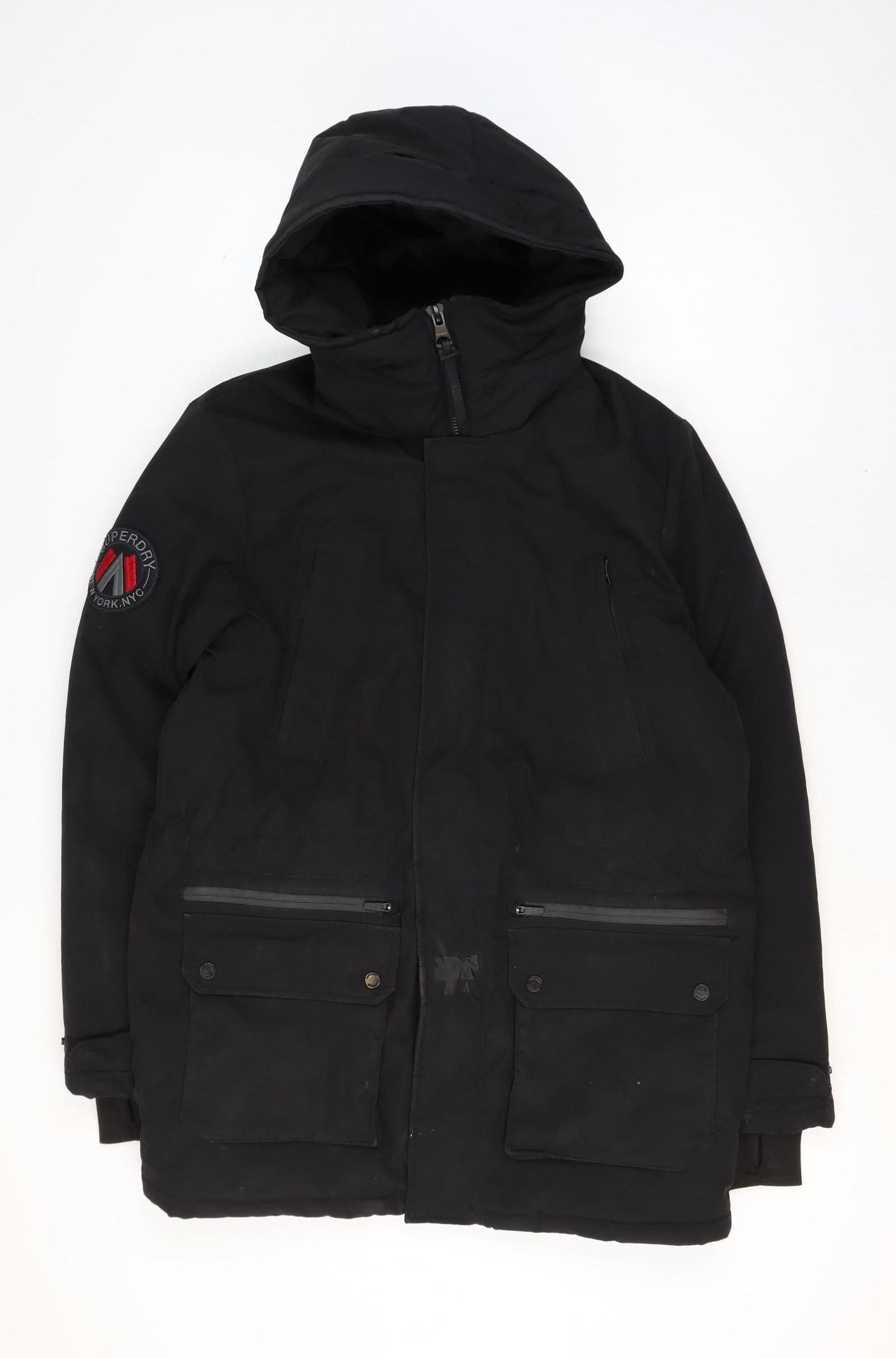 Superdry Men's Black City Parka Jacket Size S Hooded Waterproof