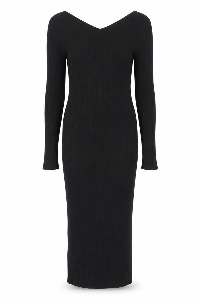 H&M Women Black Midi Bodycon Dress Size 12 Long Sleeve V-Neck
