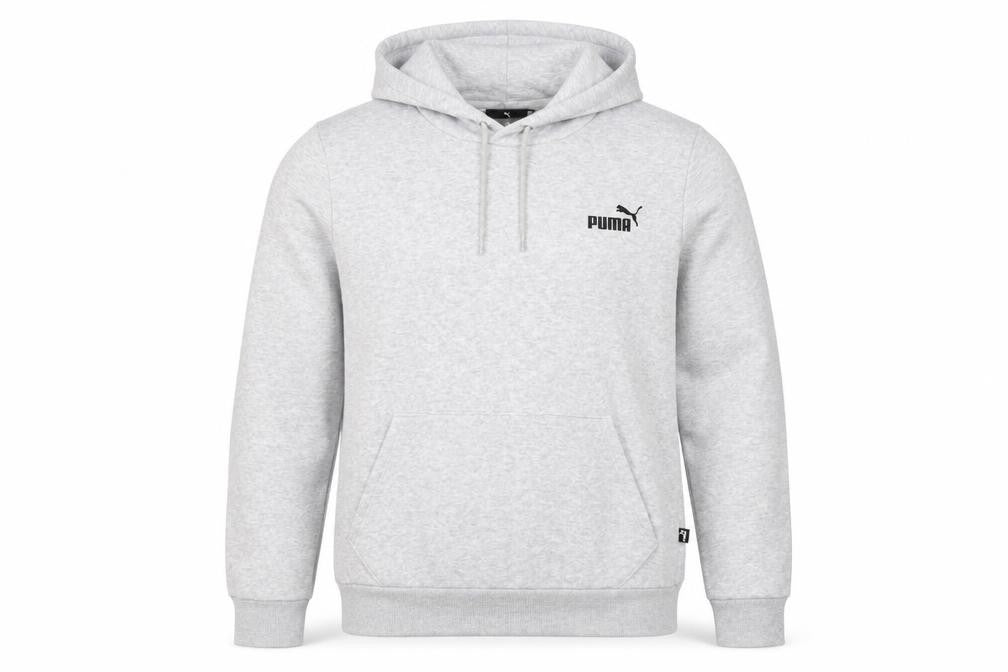 Front view of Puma Men's Grey Pullover Hoodie, size L, Logo Sweatshirt