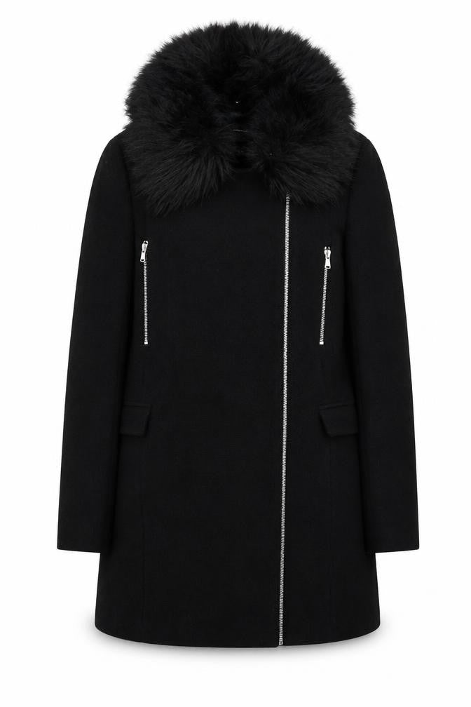 Zara Woman Black Wool Blend Fur Collar Zip Coat Size M