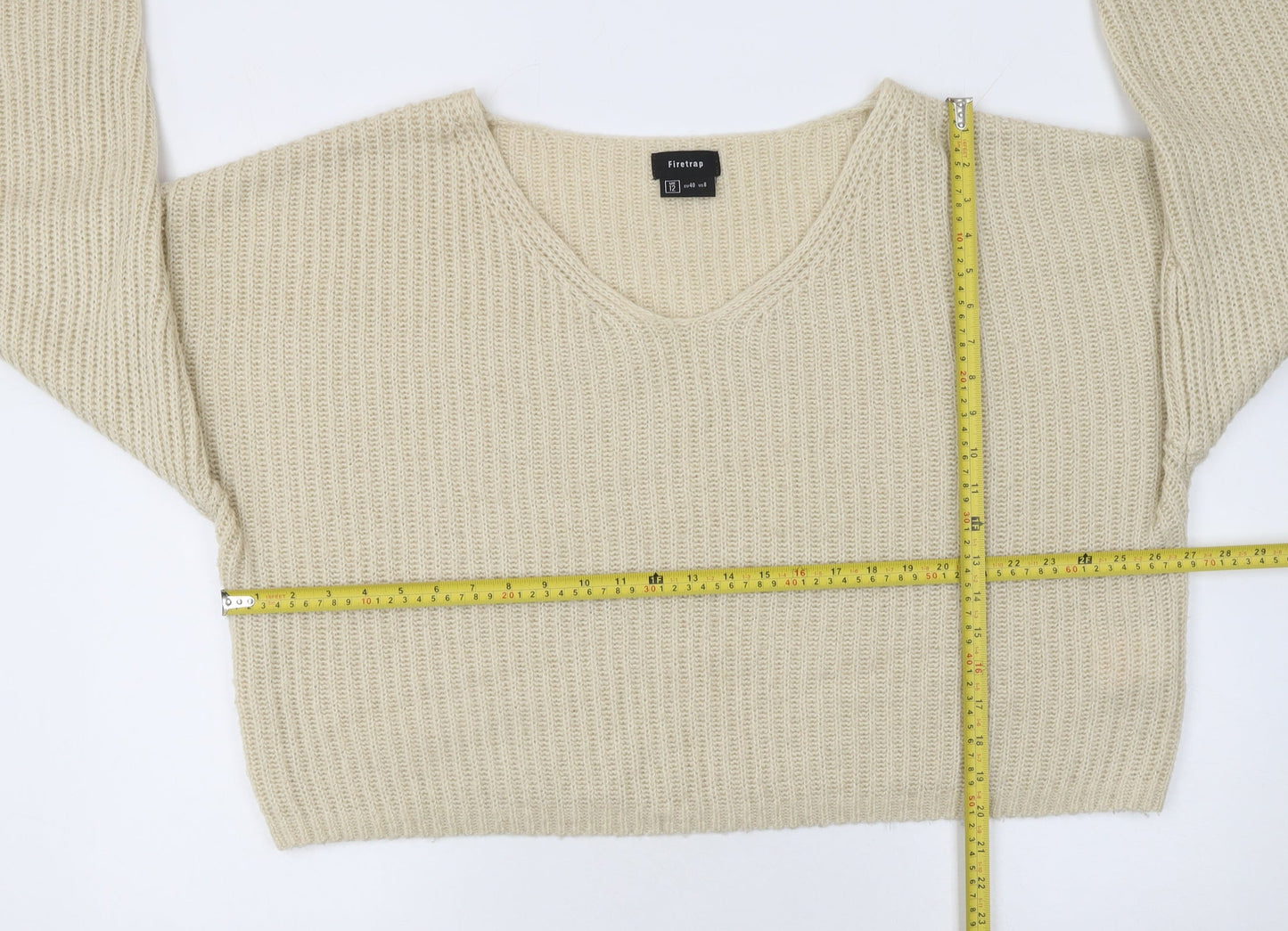 Firetrap Womens Beige V-Neck Chunky Knit Jumper Size 12