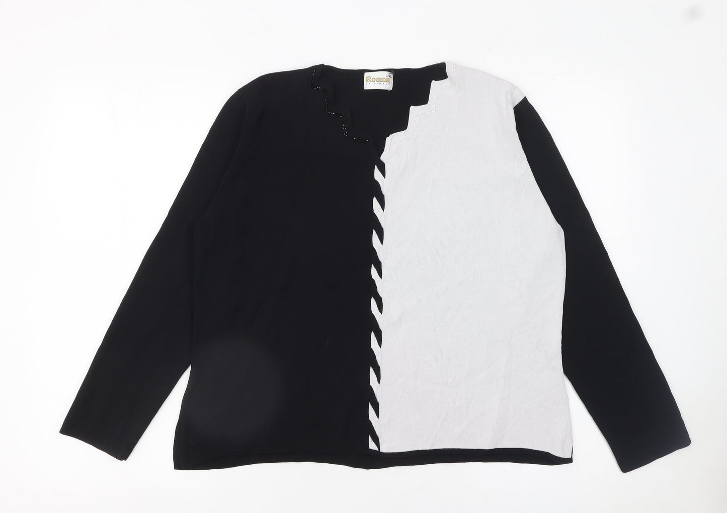 Roman Originals Women Black White Beaded Long Sleeve Pullover Jumper L