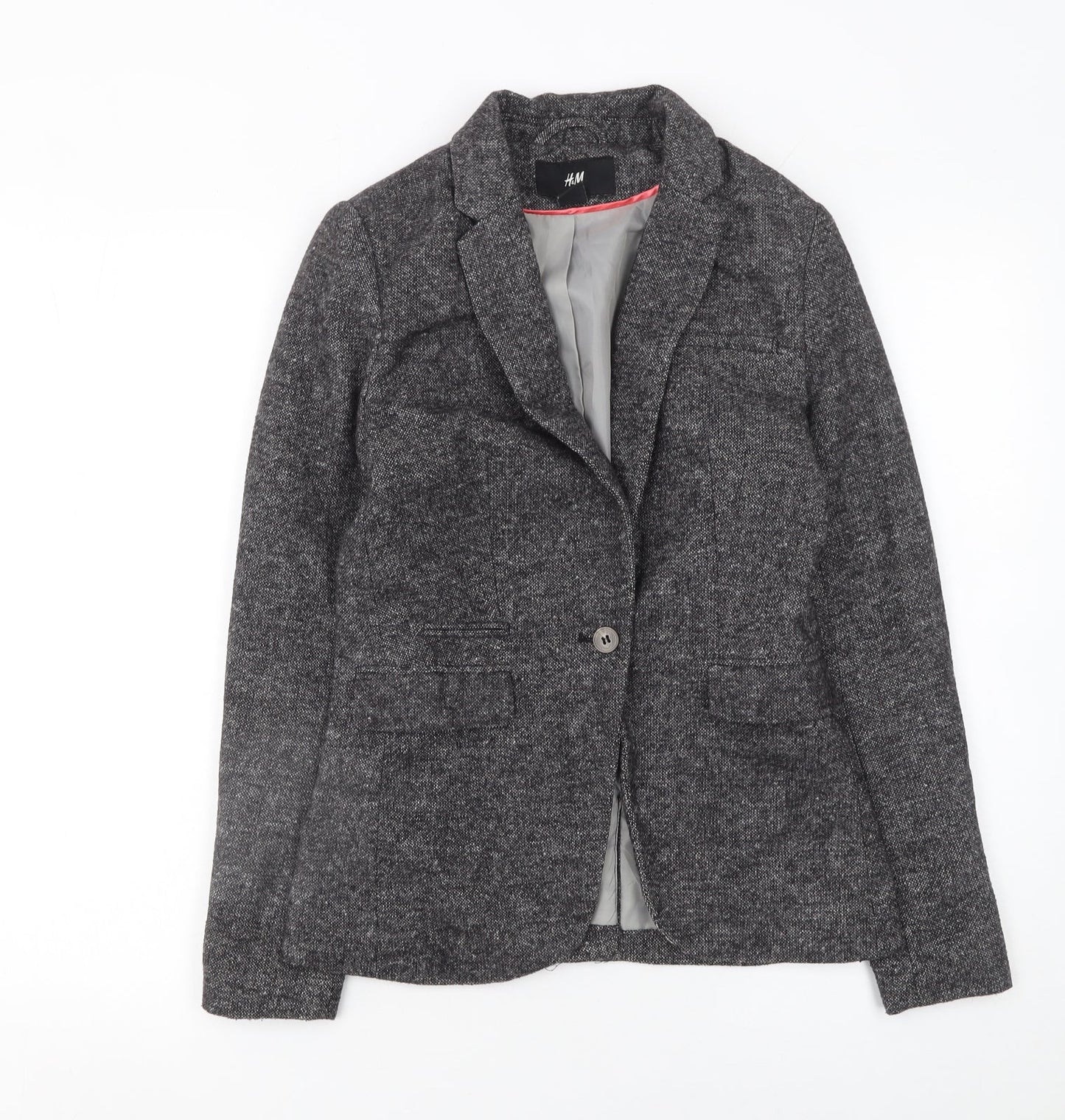 H&M Women's Grey Single-Breasted Blazer Size 6 Tailored Wool Blend