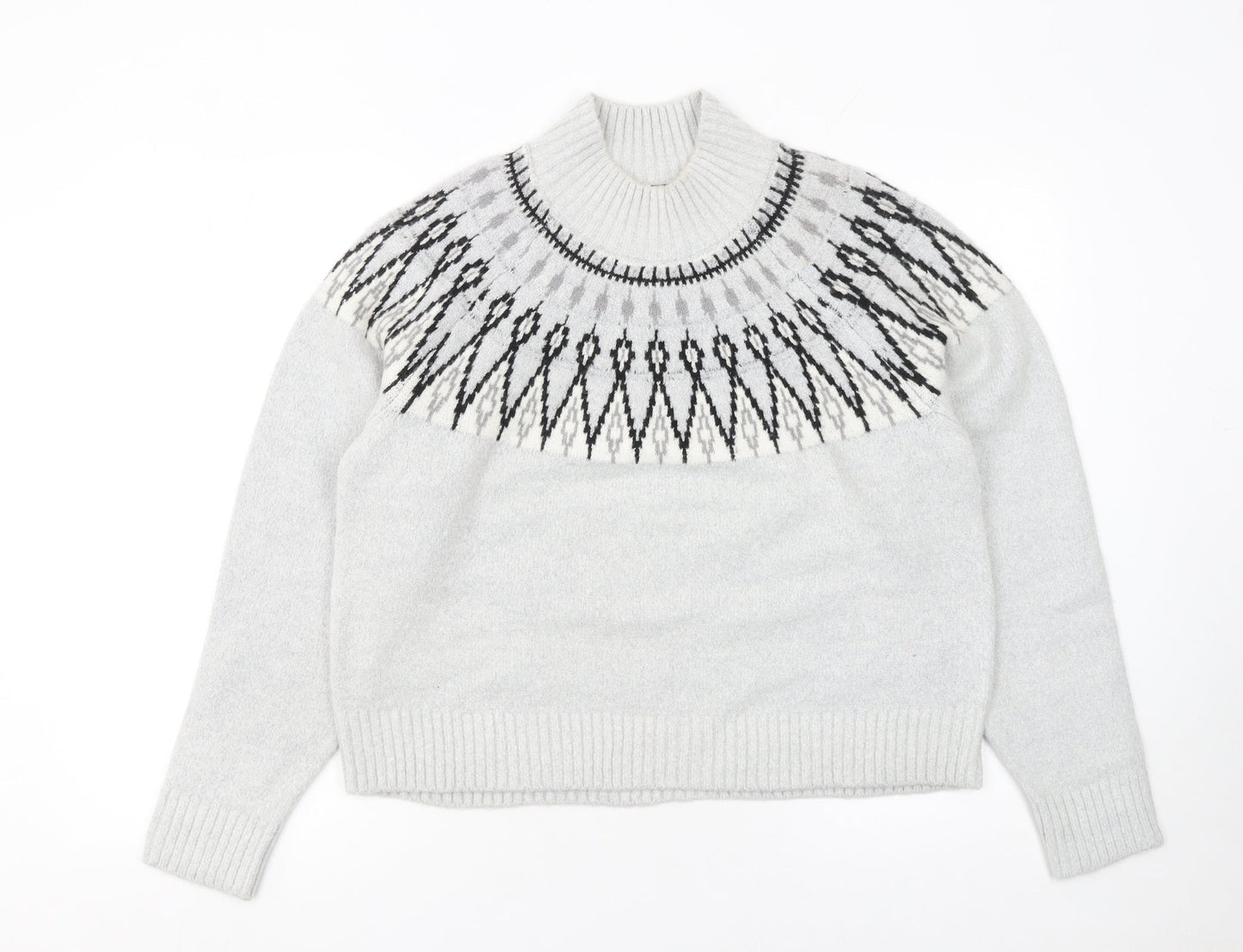 French Connection Women Grey Fair Isle Roll Neck Wool Jumper Size S
