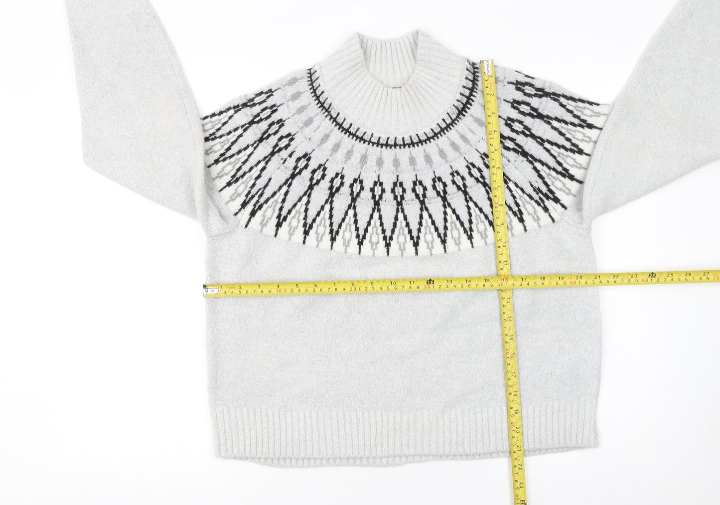 French Connection Women Grey Fair Isle Roll Neck Wool Jumper Size S
