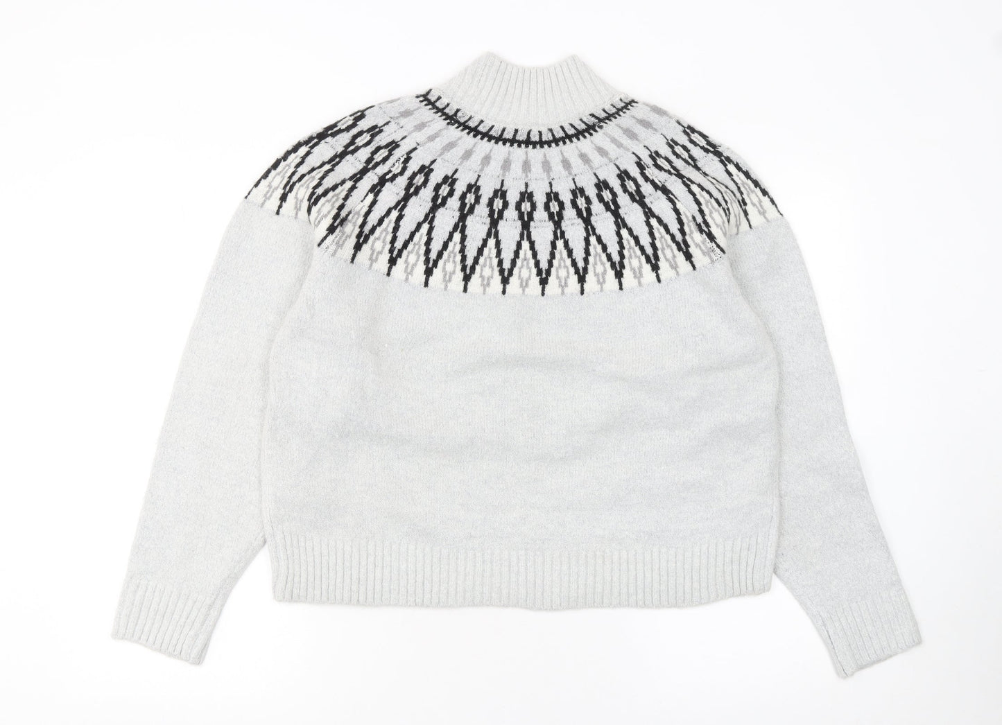 French Connection Women Grey Fair Isle Roll Neck Wool Jumper Size S