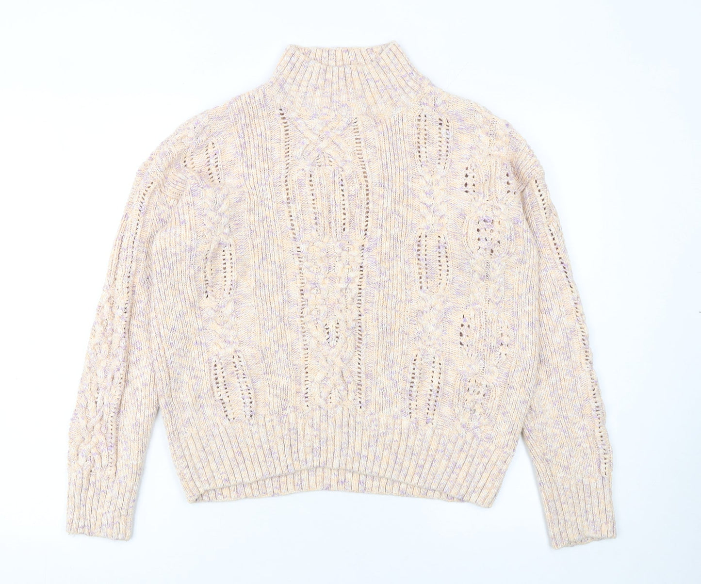 Marks and Spencer Women’s Beige Cotton Mock Neck Cable Knit Jumper Size 14