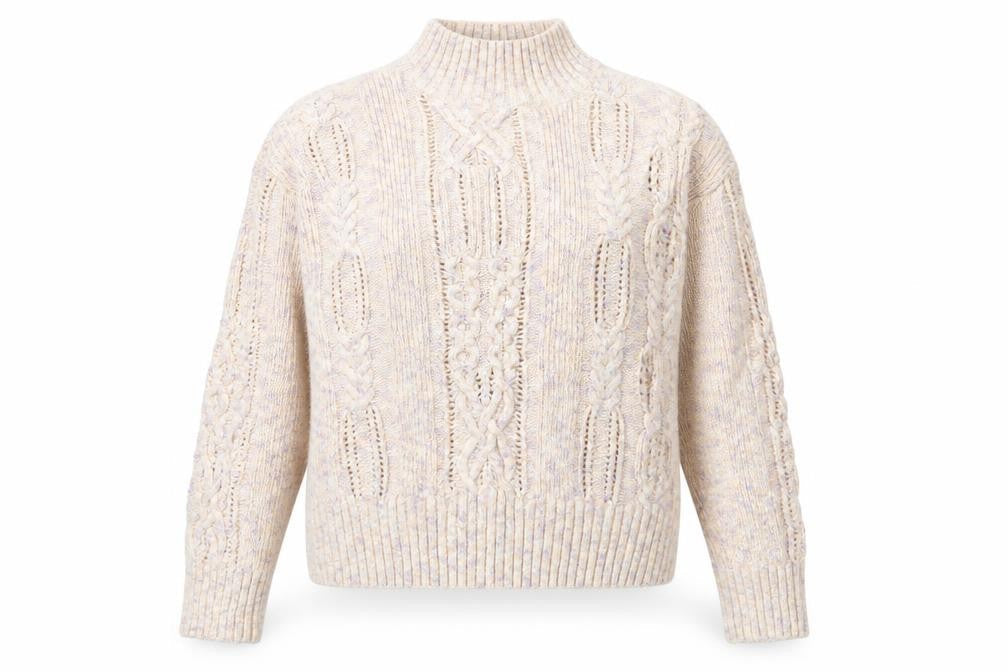 Marks and Spencer Women’s Beige Cotton Mock Neck Cable Knit Jumper Size 14