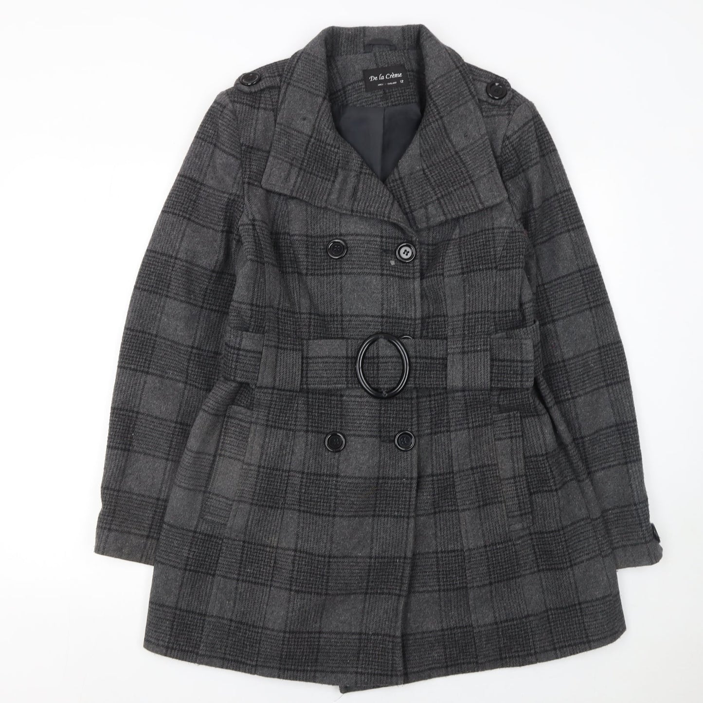 De la Crème Women's Grey Checked Wool Trench Coat Size 12