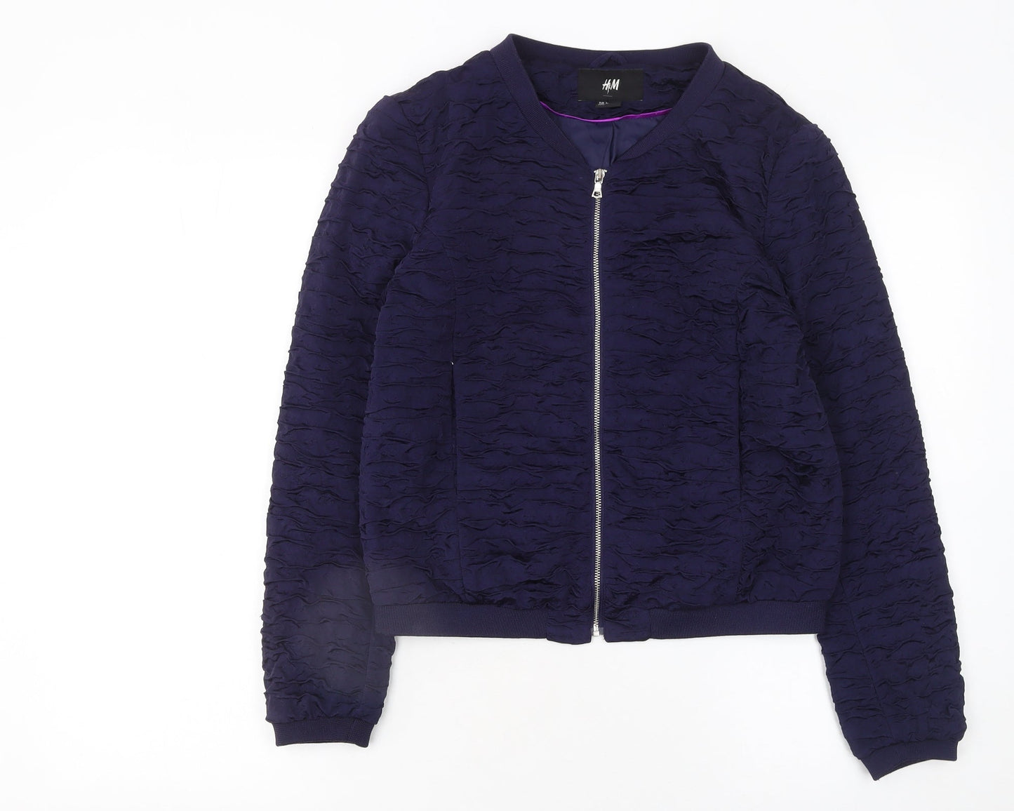 H&M Women Blue Bomber Jacket Size 10 Zip Front Lined Casual
