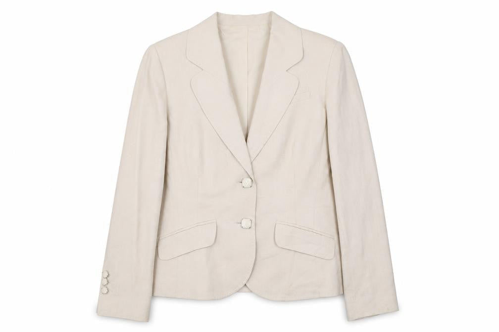 Front view of Punto Roma Women Beige Polyester Single Breasted Suit Jacket, size 14