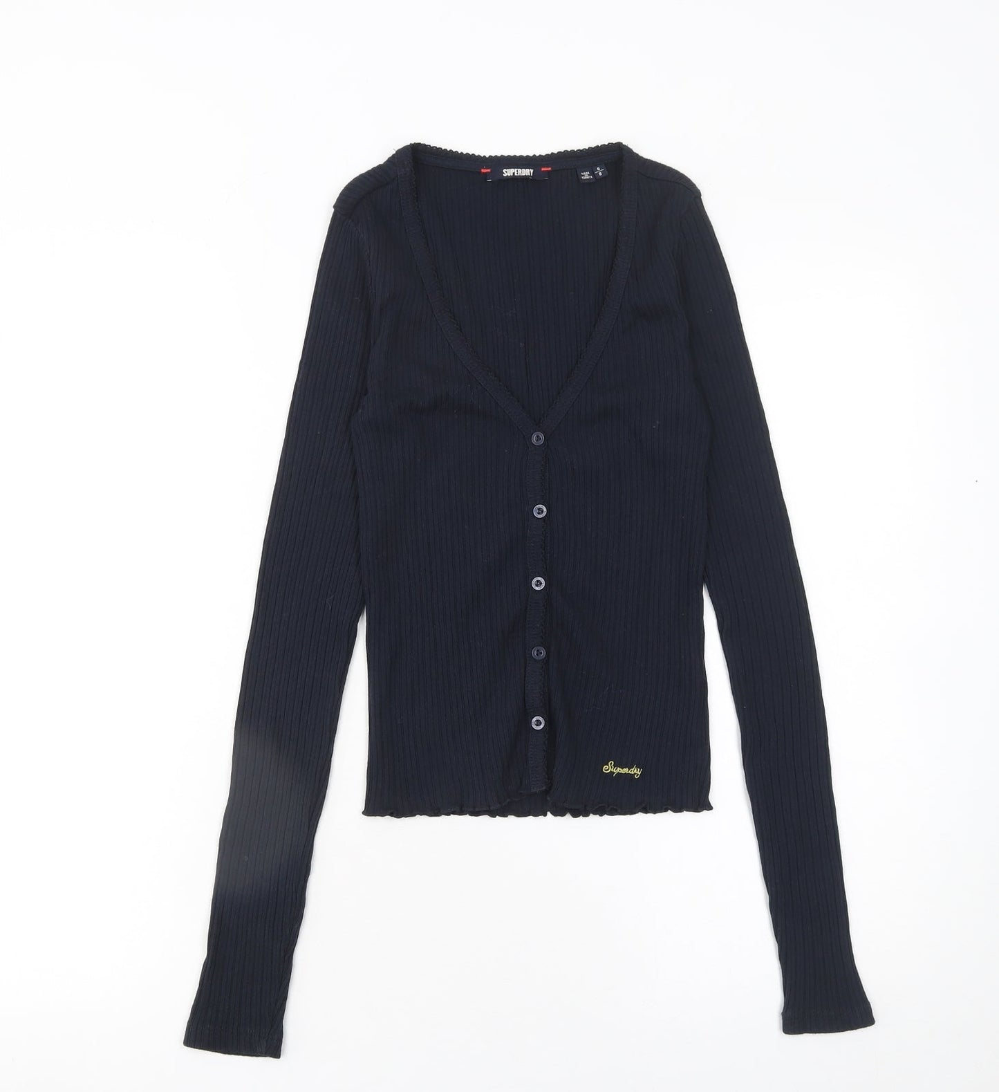 Superdry Women's Black Ribbed Cotton Cropped Button-Up Top Size 6