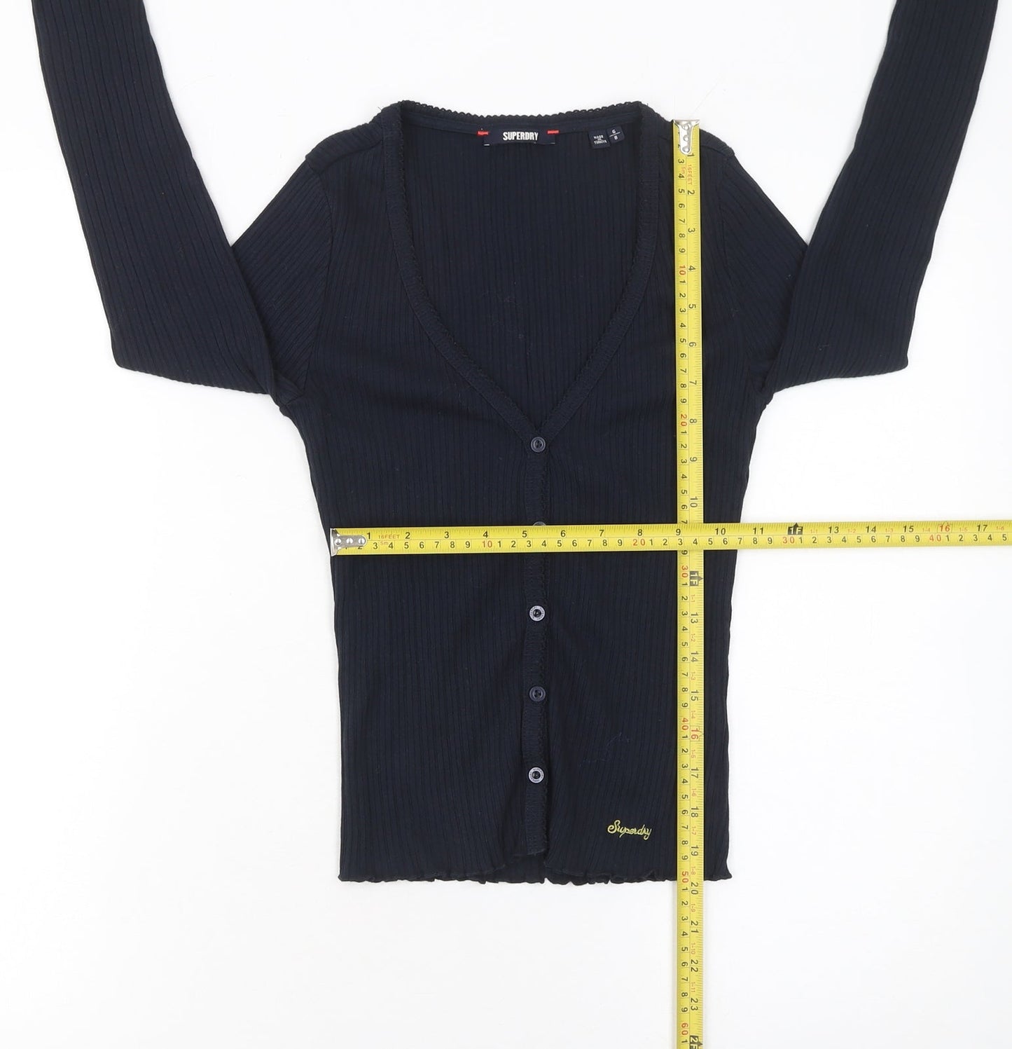 Superdry Women's Black Ribbed Cotton Cropped Button-Up Top Size 6