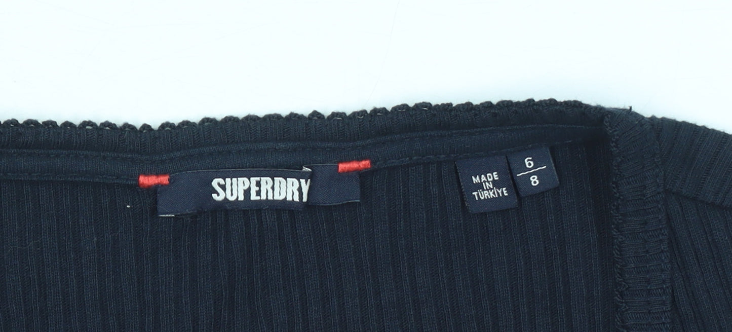 Superdry Women's Black Ribbed Cotton Cropped Button-Up Top Size 6