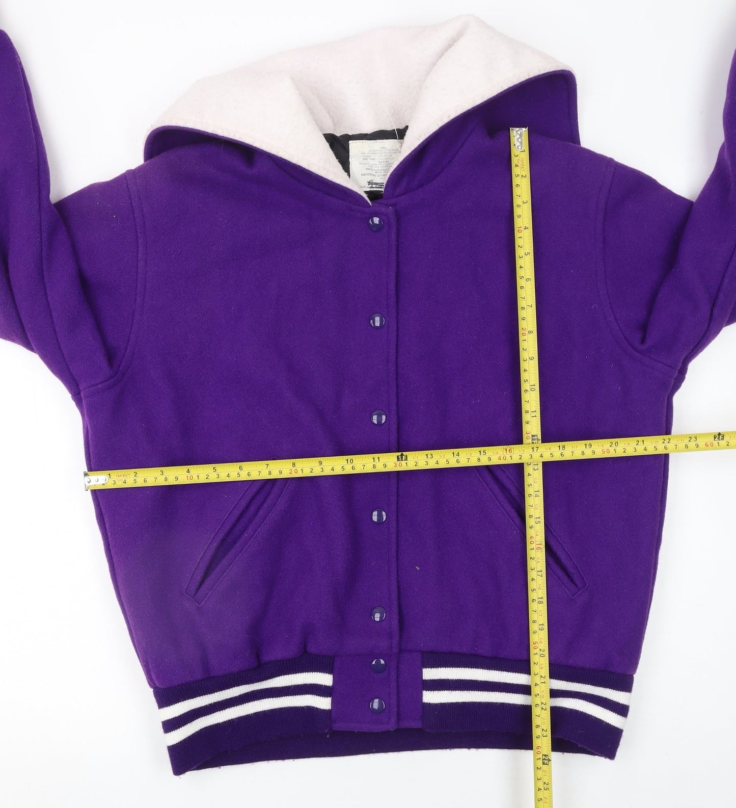 National Spirit Group Womens Purple Wool Varsity Jacket L Hooded Retro