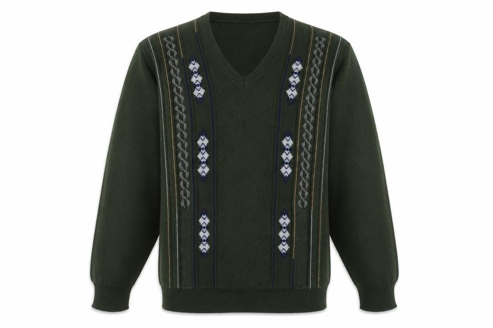 Front view of JBC Collection Men's Green Argyle V-Neck jumper M