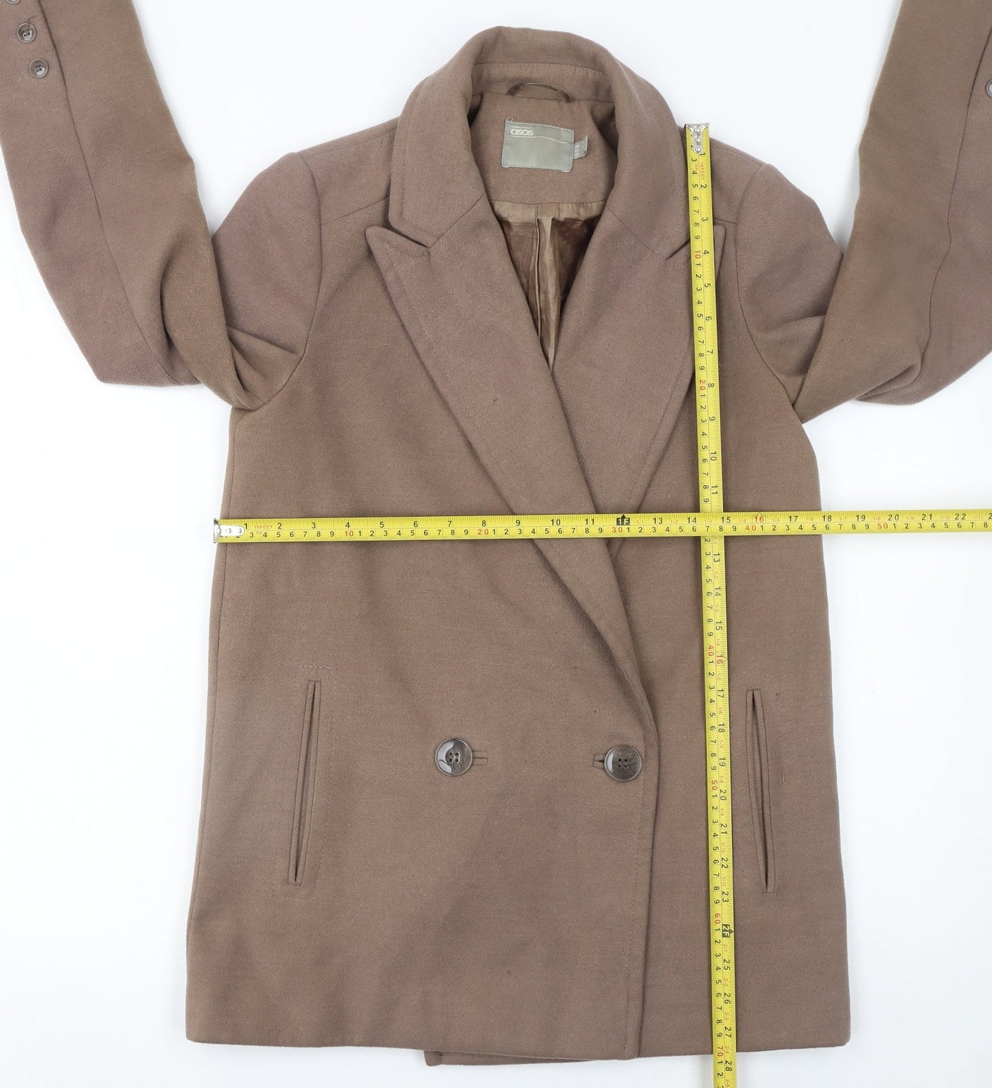 ASOS Women Brown Pea Coat Size 8 Regular Fit Lined Mid-Length