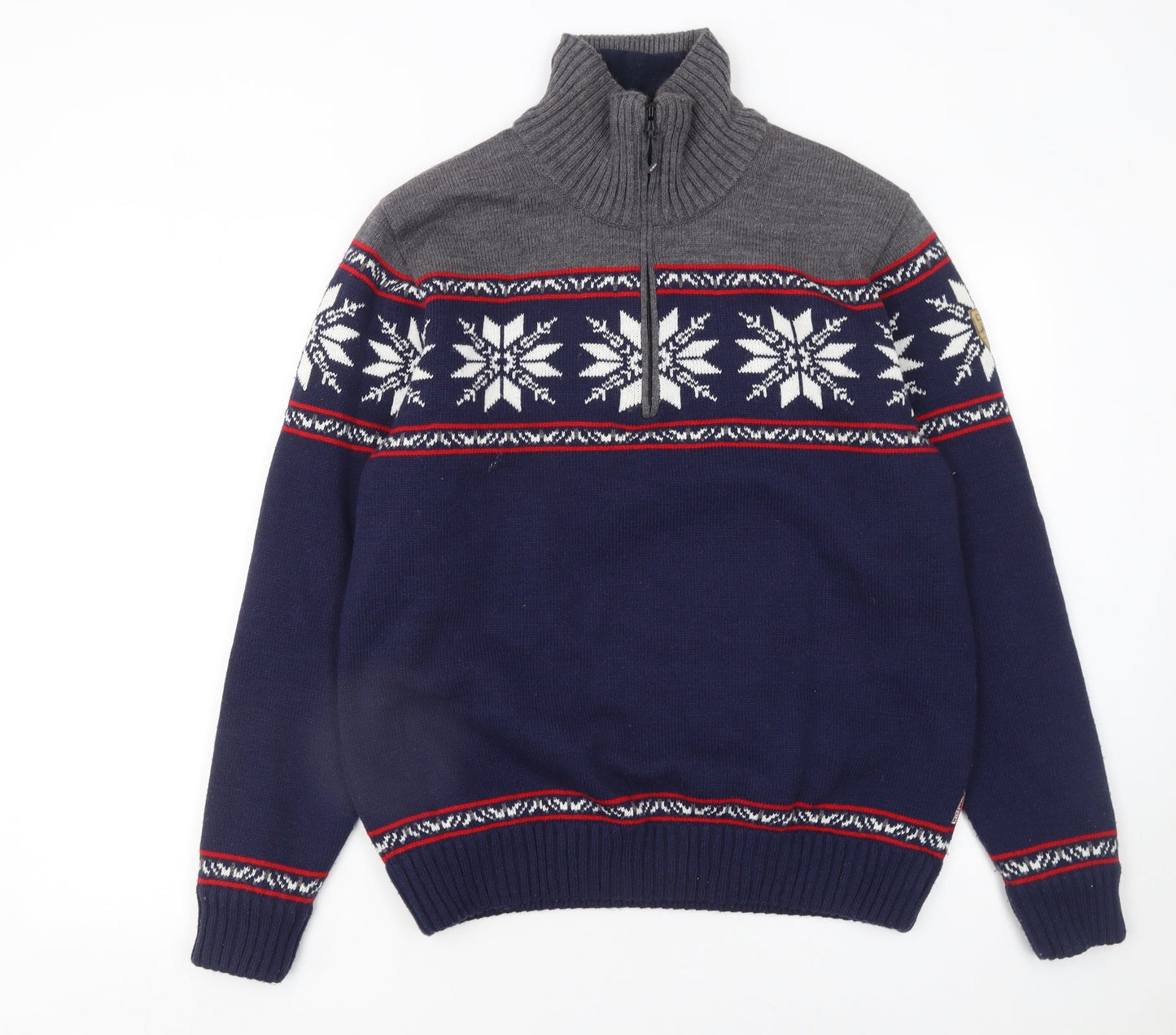 CMP Men's Blue Grey Fair Isle 1/4 Zip Wool Blend Jumper Size M
