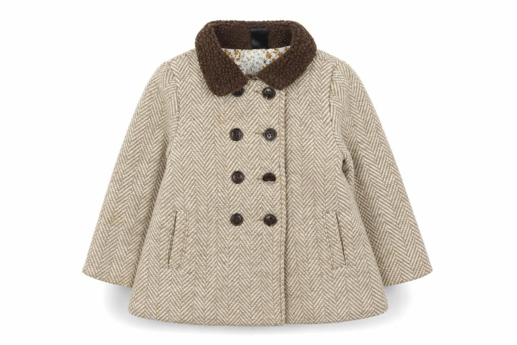 Front view of Max girls’ beige herringbone double-breasted pea coat 2-3 years