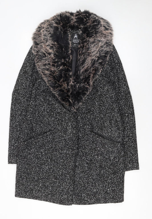 Atmosphere Women's Black Tweed Faux Fur Collar Overcoat Size 10