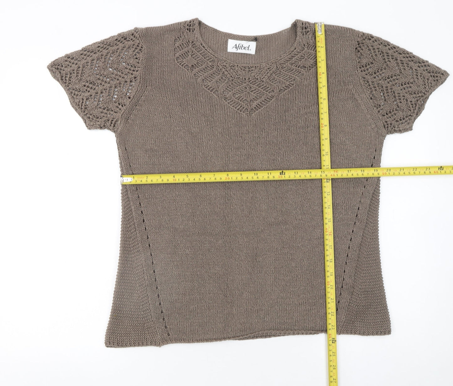 Afibel Women’s Brown Crochet Knit Short Sleeve Pullover Jumper Size 16