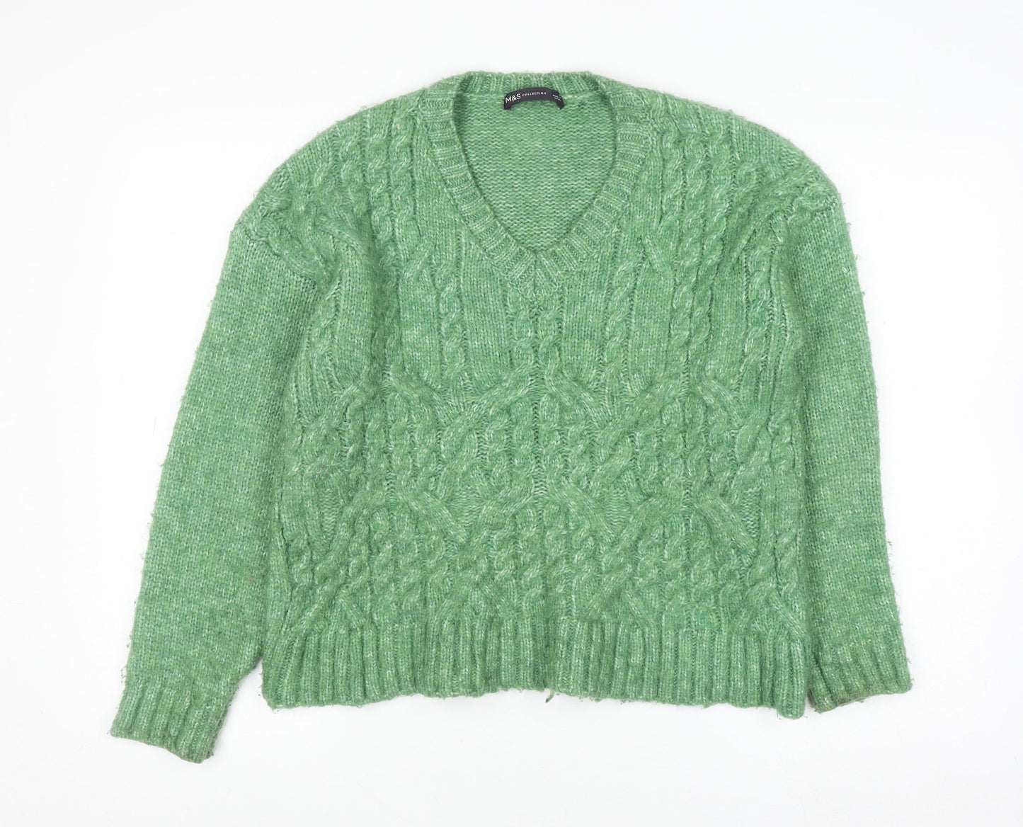 Marks and Spencer Womens Green Cable Knit V-Neck Pullover Jumper Size S