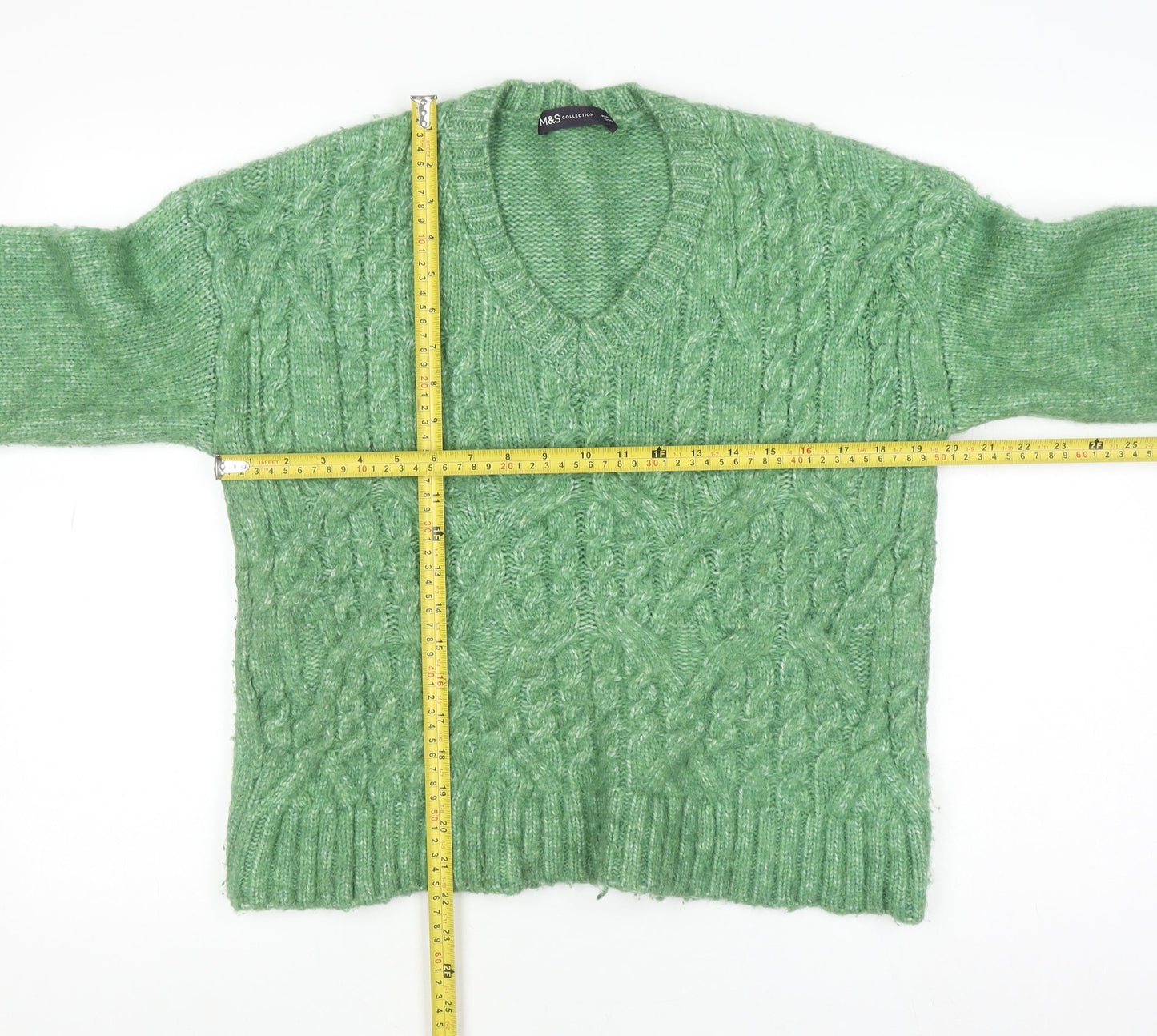 Marks and Spencer Womens Green Cable Knit V-Neck Pullover Jumper Size S